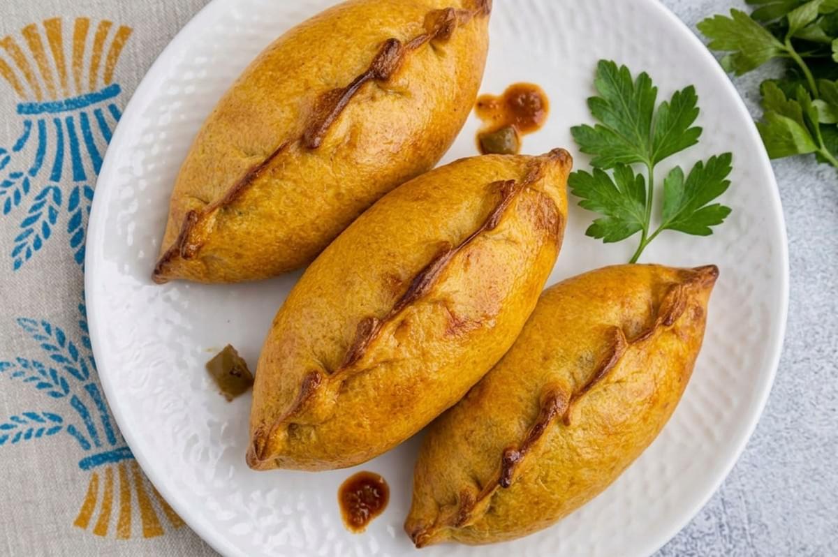 Three golden-brown Bolivian salteñas on white plate showing signature braided repulgue seam, served with fresh parsley