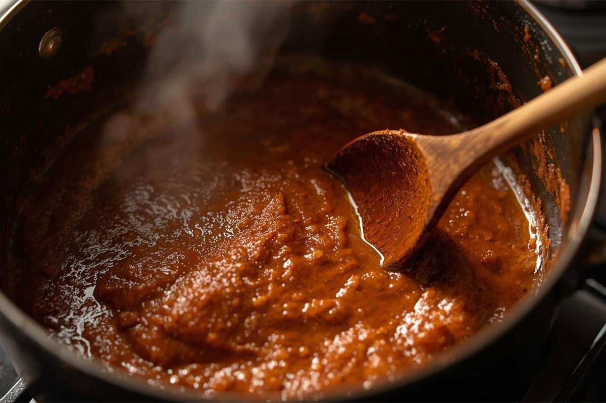 Close-up of rich, reddish-brown Massaman curry sauce simmering in a black pot on a stove, being stirred with a wooden spoon.