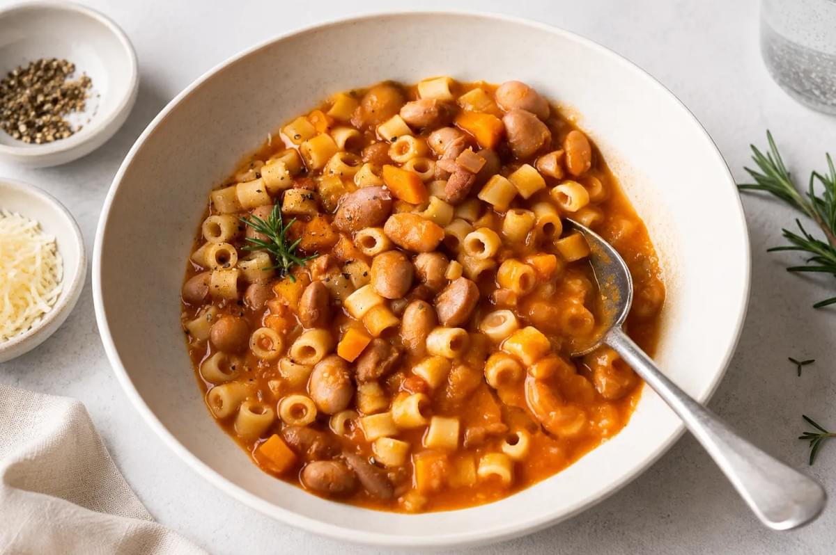 A bowl of hearty pasta e fagioli soup with ditalini pasta, pinto beans, and a sprig of fresh rosemary.
