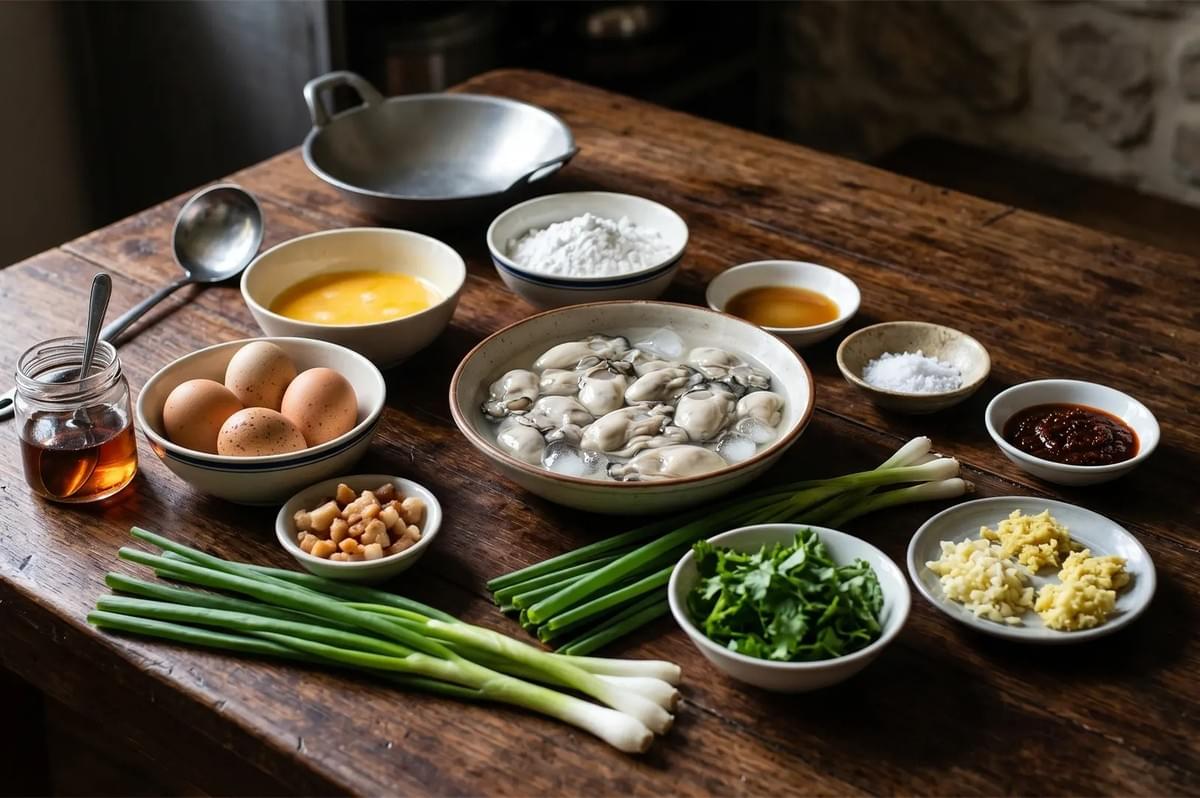 A top-down view of fresh ingredients for oyster omelet arranged on a wooden table, including raw oysters, eggs, green onions, and various sauces.