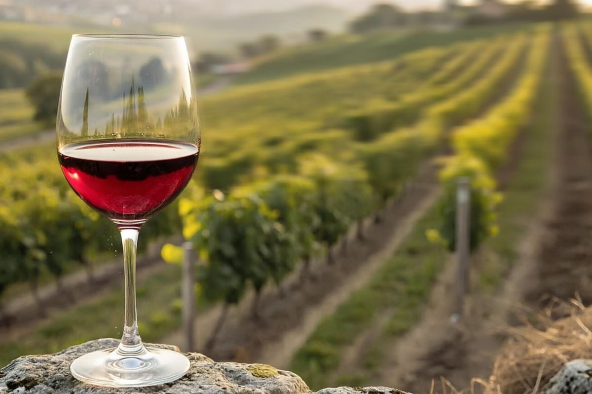 Glass of red wine on stone surface overlooking rolling vineyard rows in soft evening light