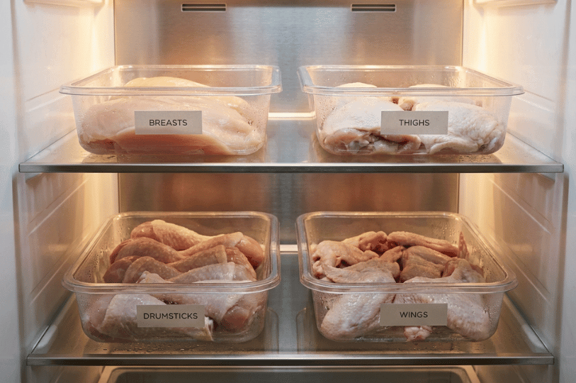 A fully broken-down raw chicken organized into four separate, labeled clear containers in a refrigerator: one for breasts, one for thighs, one for drumsticks, and one for wings.