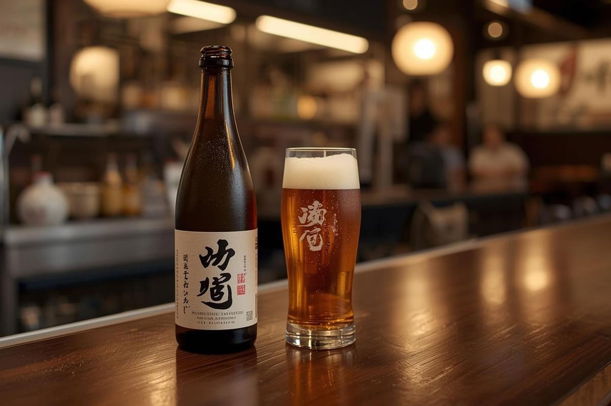 A tall, dark brown bottle of Japanese sake (with a prominent white label) and a chilled glass of light amber beer resting side-by-side on a glossy wooden bar counter, with a blurred bar interior in the background.