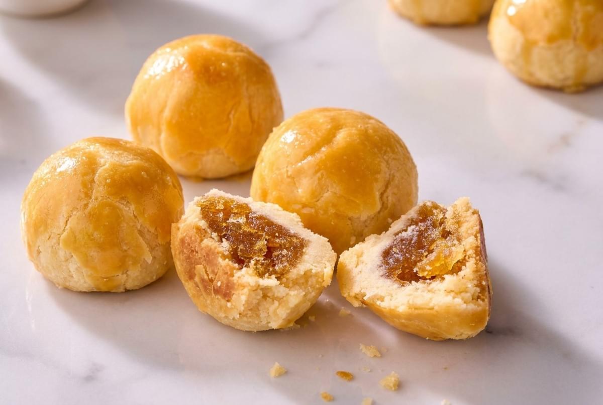 Close-up view of golden pineapple tarts with one split open to reveal dense pineapple jam filling.
