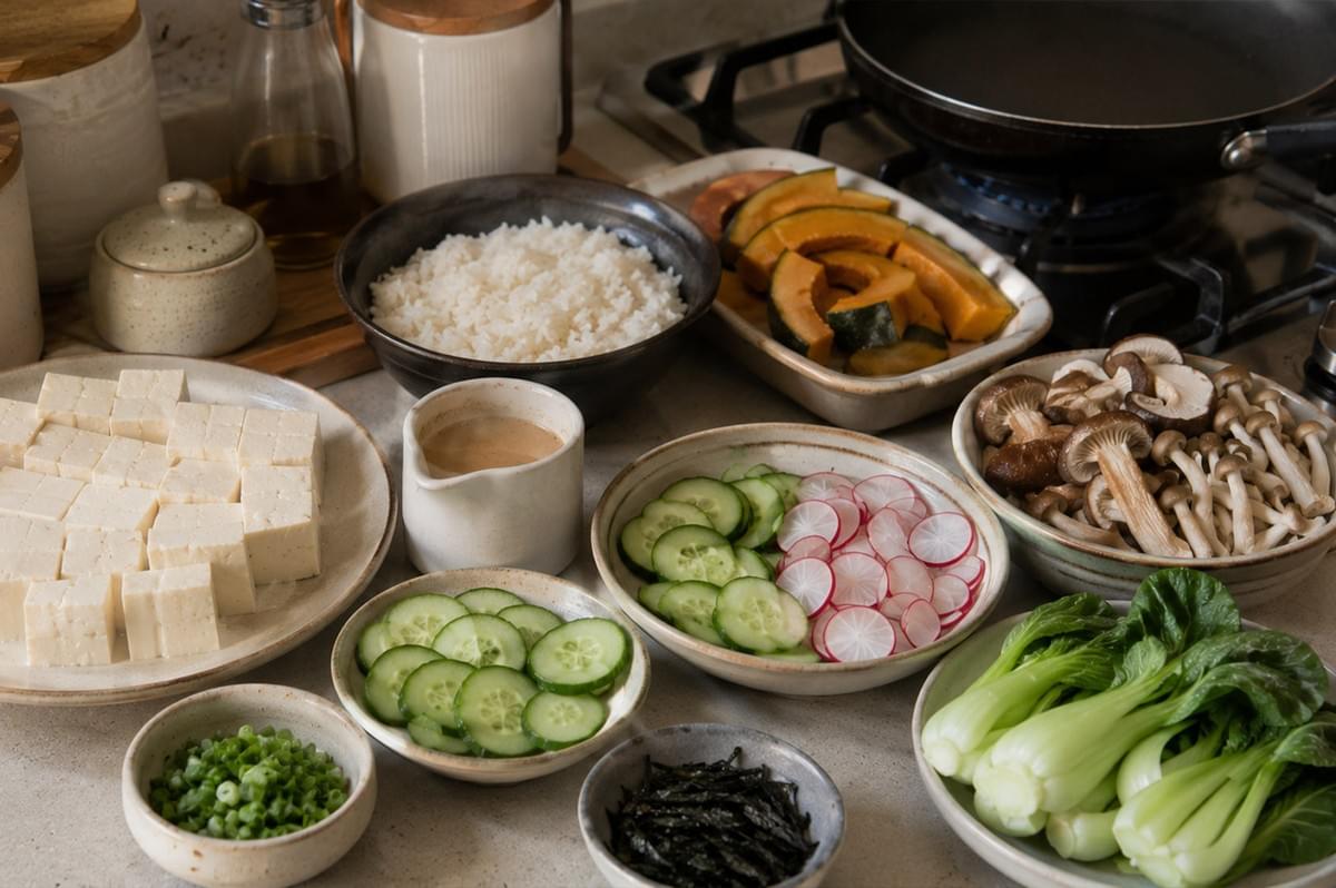 An overhead view of a well-organized kitchen workspace filled with all the ingredients needed to prepare a seasonal vegetarian rice bowl. Various small ceramic and glass bowls are arranged on the counter, holding cooked white rice, tofu cubes, roasted pumpkin slices, sautéed mushrooms, bok choy, thinly sliced cucumbers, radishes, chopped green onions, and strips of nori. A small pitcher of creamy dressing is placed in the center, and a frying pan is visible on the stovetop in the background, set against a bright, modern kitchen setting.