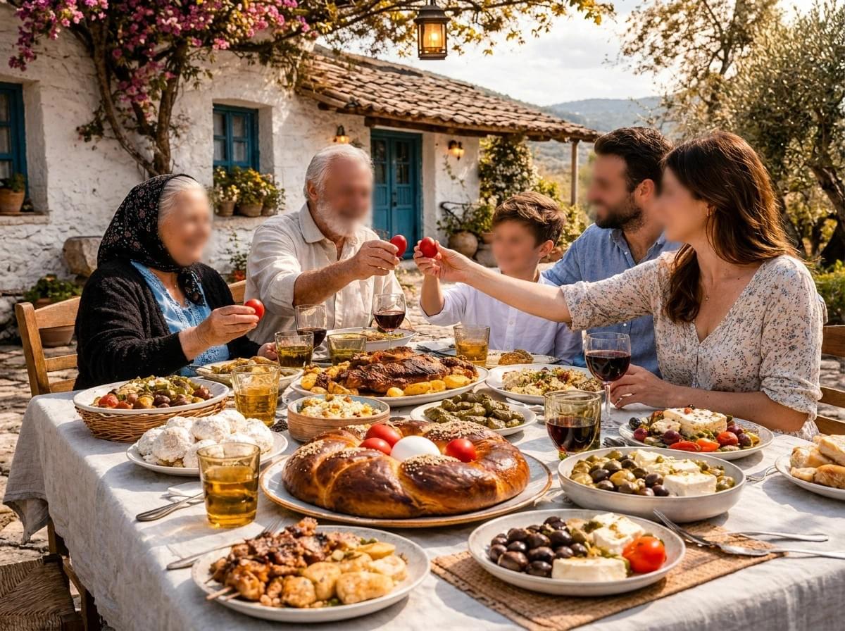 A multi-generational family enjoys a festive outdoor Greek Easter feast at a sunlit rustic courtyard table laden with traditional foods. The family members are tapping dyed red eggs together in a celebratory toast, with a large braided Tsoureki Easter bread featured in the foreground.