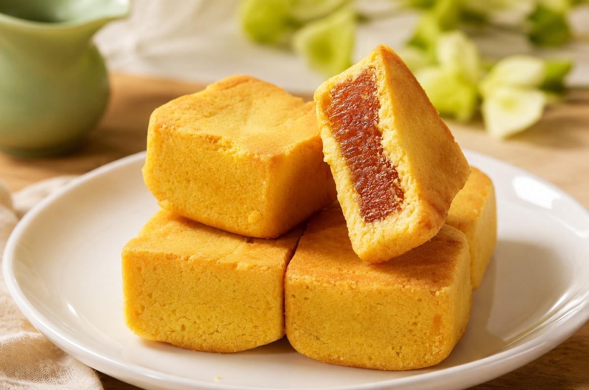 Stack of golden square pineapple cakes on a white plate, with one piece leaning against the stack showing its dark fruit paste center.