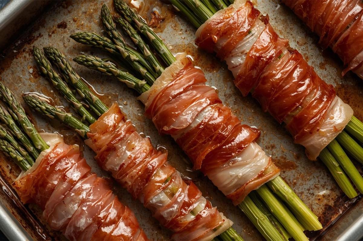 Four bundles of thick, green asparagus spears tightly wrapped in slices of pink and white prosciutto, laid out on a baking tray, ready to be roasted into a savory appetizer.