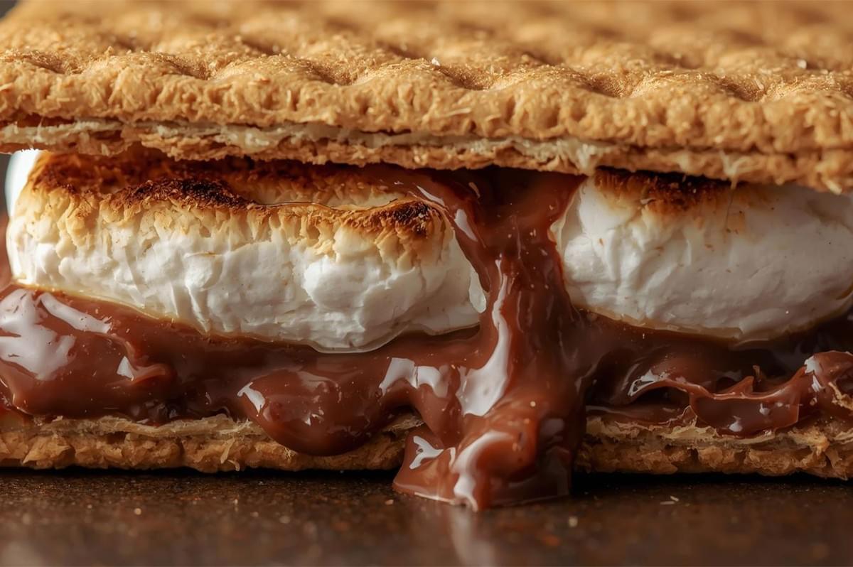 Extreme close-up of a s'more sandwich, showing perfectly toasted, melted marshmallow and dripping melted chocolate gooeyness between two graham cracker squares.