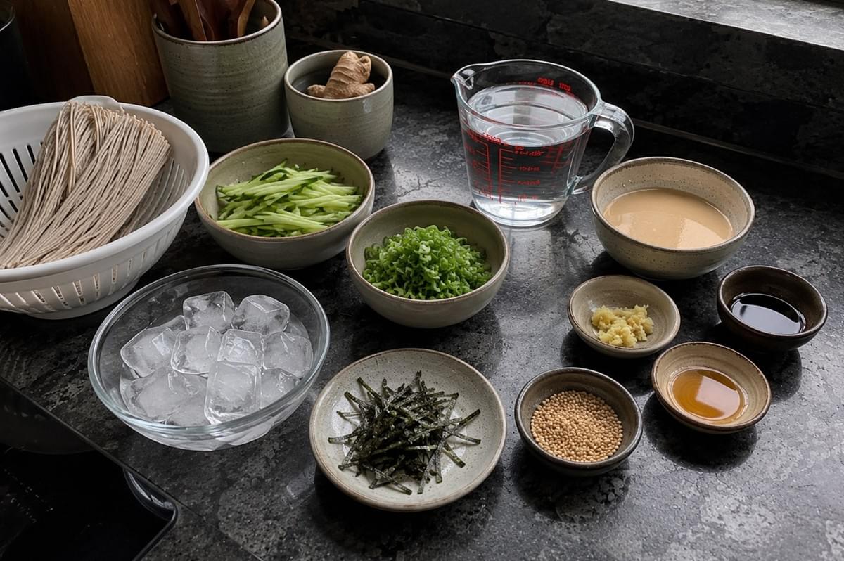 An overhead, organized shot displays all the ingredients needed for the recipe arranged across a speckled dark gray countertop. On the left, a white plastic colander holds bundles of dry, uncooked soba noodles next to a glass bowl filled with clear water and ice cubes. The remaining ingredients are neatly portioned into small ceramic bowls, showcasing matchstick-cut cucumbers, chopped green onions, shredded nori seaweed, toasted sesame seeds, minced ginger, soy sauce, sesame oil, a pitcher of water, and a larger bowl of the blended sesame-tahini mentsuyu.