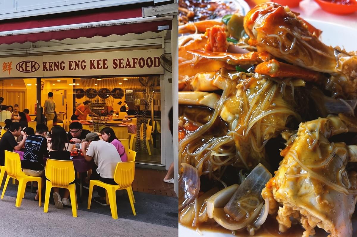 Collage of Keng Eng Kee Seafood storefront and saucy crab bee hoon served on white plate