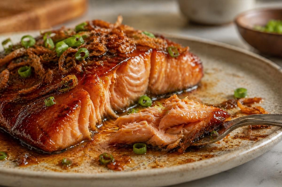 Detail-oriented food photograph showing a fork lifting a tender, flaky morsel from a cooked miso maple glazed salmon fillet. The interior of the fish is a perfect opaque pink, contrasting with the dark, caramelized exterior that is sticky with glaze and topped with crunchy shallots and green onions. The plate is smeared with the savory-sweet reduction, and the shallow depth of field keeps the focus entirely on the texture of the flaking fish and the rich, bubbly coating, evoking a sense of immediate flavor and warmth.