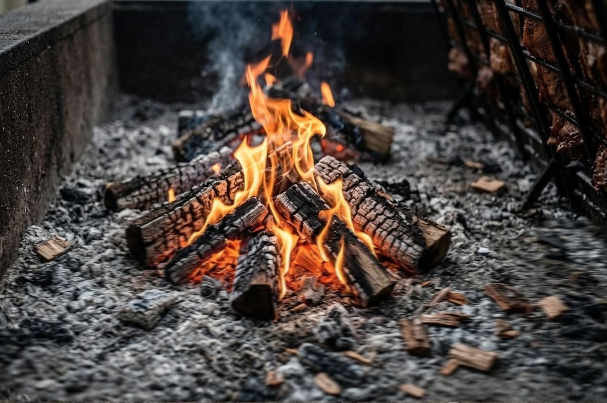 Wood fire burning with active flames for asado cooking
