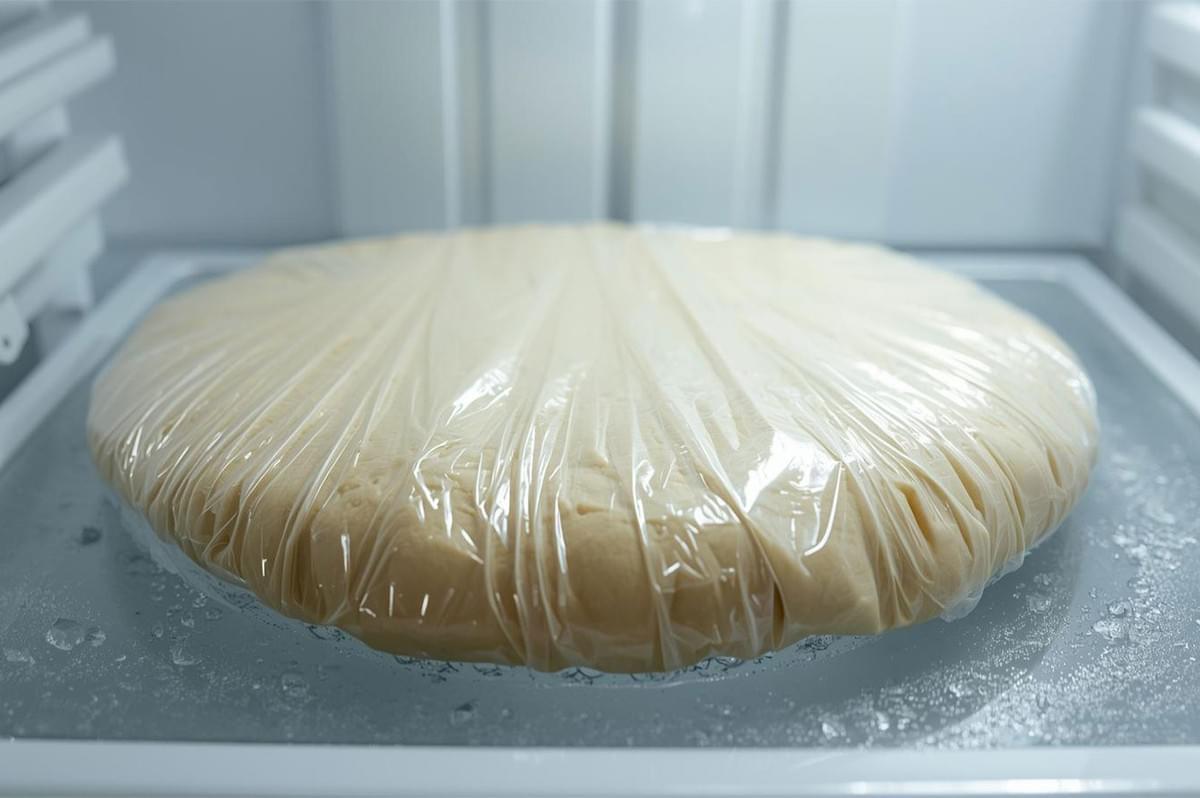 Disk of raw pastry dough wrapped tightly in clear plastic wrap, chilling inside a glass shelf of a refrigerator.