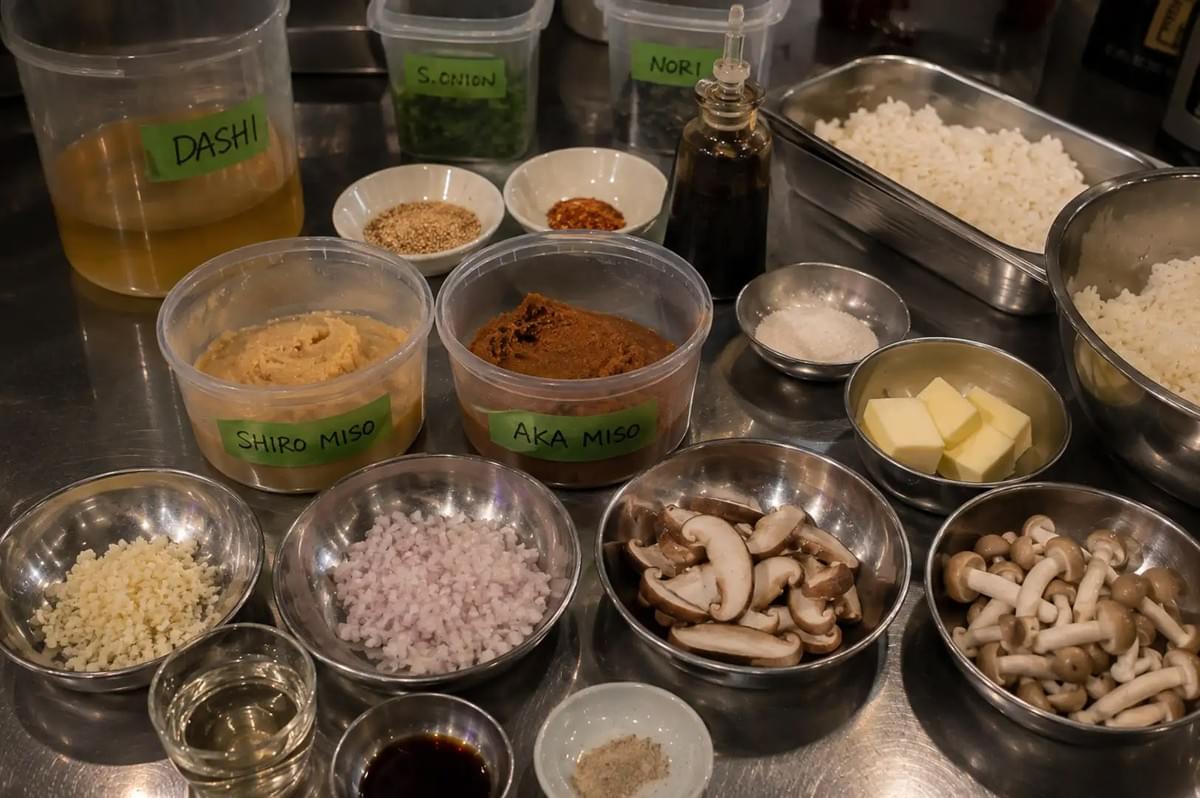 An organized culinary mise en place on a stainless steel prep table, featuring metal bowls filled with minced garlic, finely diced shallots, sliced shiitake mushrooms, and small shimeji mushrooms in the front row, arranged alongside containers of light shiro miso, dark aka miso, liquid dashi stock, butter cubes, sesame seeds, chili flakes, and a tray of cooked white rice.