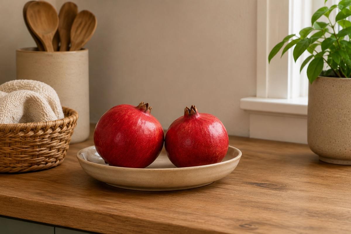 Two whole pomegranates on a ceramic plate on a kitchen counter