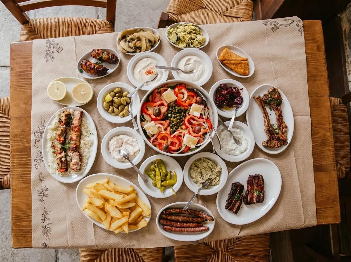 An overhead view of a wooden tavern table spread with traditional Greek meze dishes, featuring a large Greek salad in the center surrounded by small plates of souvlaki, french fries, grilled sausages, olives, dips, and lemon halves.