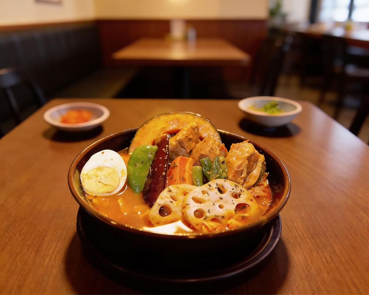 A plated serving of Hokkaido soup curry presented on a restaurant table, with warm lighting and tableware creating a cosy, inviting dining atmosphere.