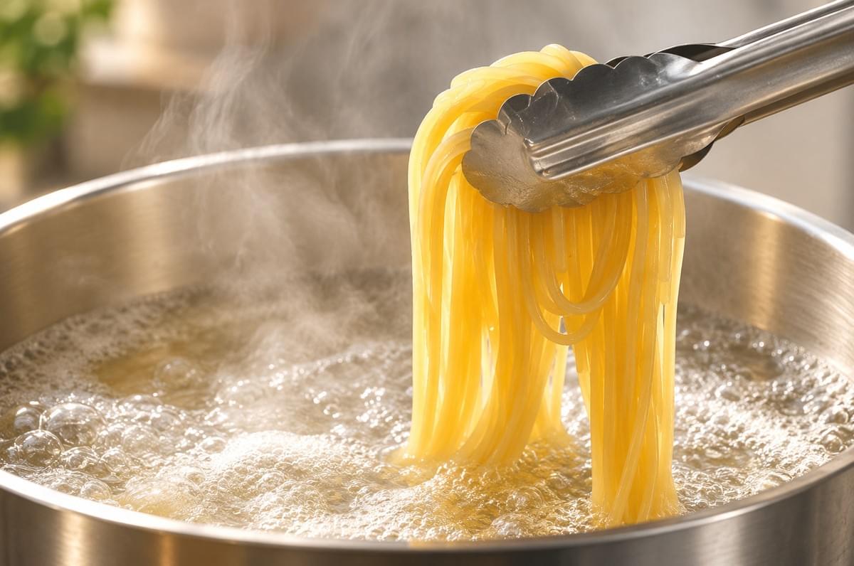 Tongs lifting a portion of cooked spaghetti out of a steaming pot of boiling water.