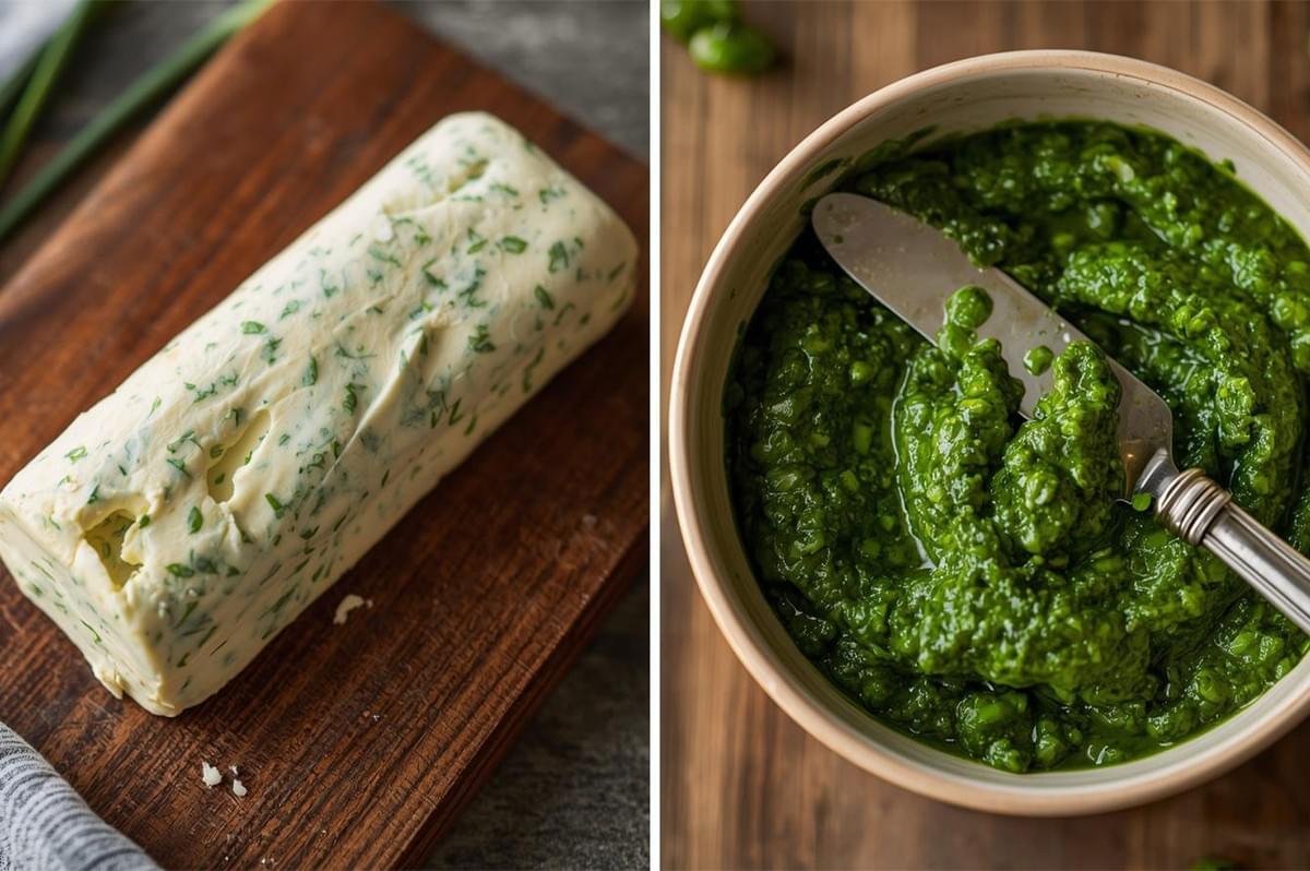 Diptych image showing two finished products: (left) a log of creamy herb compound butter on a wooden board, and (right) a bowl of vibrant green ramp pesto with a knife resting in it.