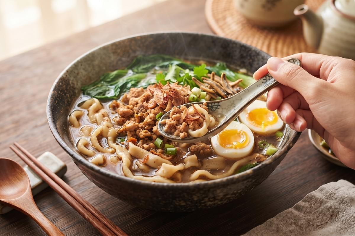 Bowl of homemade ban mian noodle soup with minced meat, soft-boiled egg, and anchovies being scooped with a spoon.