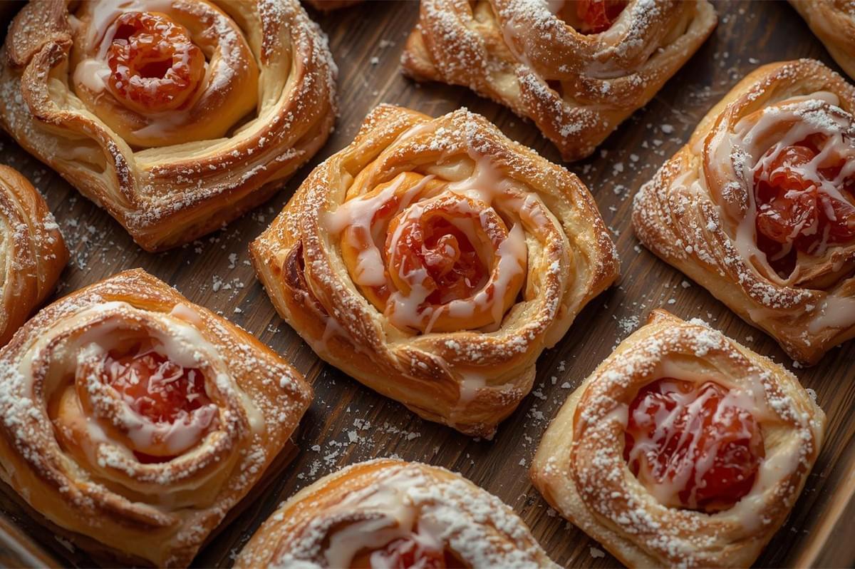 Close-up, overhead view of multiple freshly baked Danish pastries arranged on a tray, featuring a braided or rose shape with a dollop of red jam or fruit filling, finished with white icing drizzle and powdered sugar.