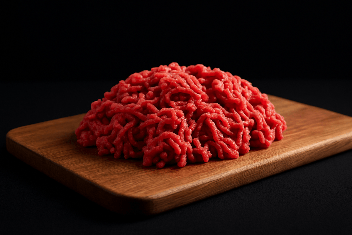 Raw ground beef stacked on a wooden cutting board, a key ingredient for making traditional South African bobotie.