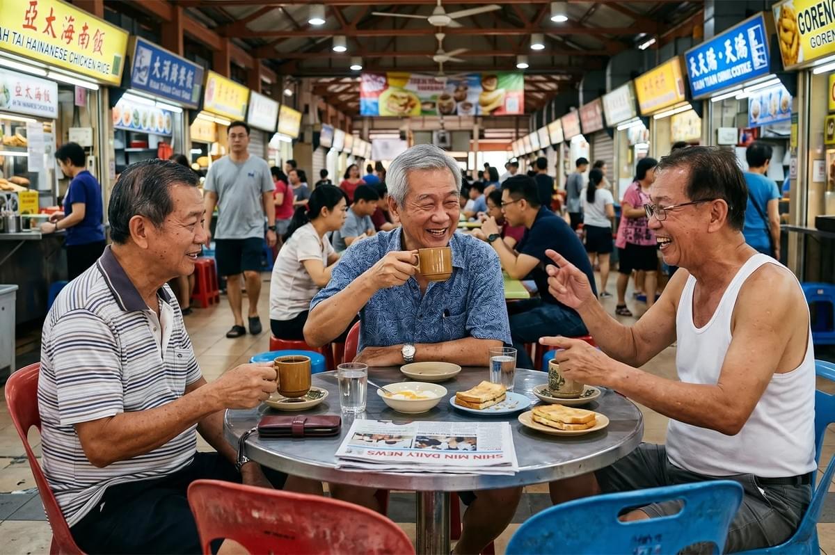 Three elderly men drinking coffee and eating kaya toast at a bustling Singapore hawker centre.