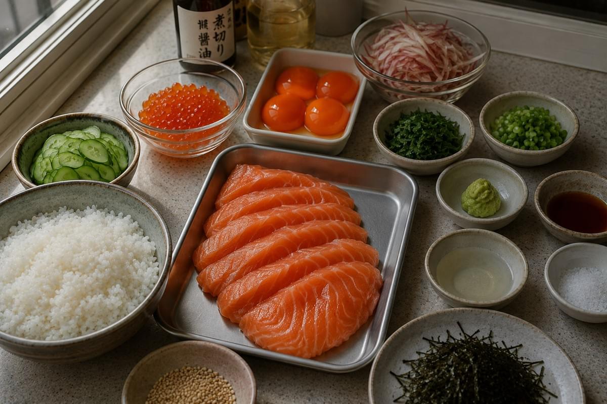 An overhead prep shot displays all the ingredients organized for making a salmon chirashi bowl spread across a speckled countertop. At the center lies a metal tray with thick slices of fresh raw salmon, surrounded by small ceramic and glass bowls containing sushi rice, salmon roe, raw egg yolks, sliced cucumbers, chopped herbs, shredded nori, green wasabi, soy sauce, and pickled myoga.