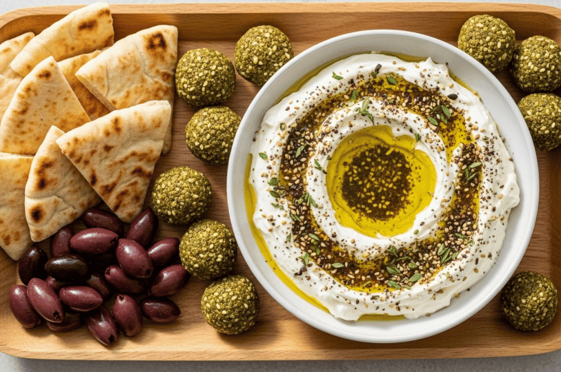 A minimalist wooden mezze tray presenting a bowl of creamy labneh swirled with olive oil and za'atar, served with toasted pita triangles, dark kalamata olives, and herb-crusted labneh balls.