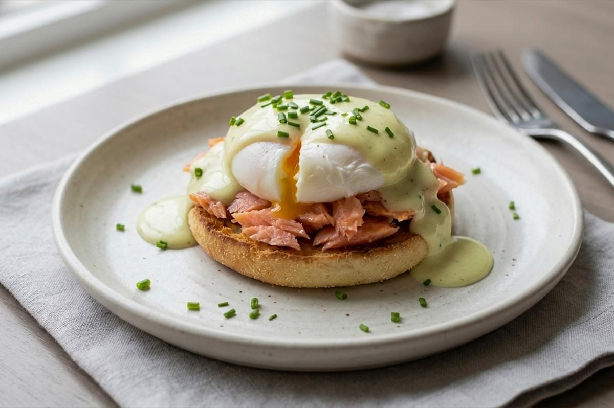 A single serving of smoked salmon Eggs Benedict on a speckled white ceramic plate. The dish consists of a toasted English muffin base topped with generous flakes of pink smoked salmon and a perfectly poached egg. A pale, lime-green wasabi hollandaise sauce is draped over the egg, cascading down the sides. The entire dish is garnished with finely chopped fresh chives. The background is a soft-focus wooden table with a linen napkin and silver cutlery.