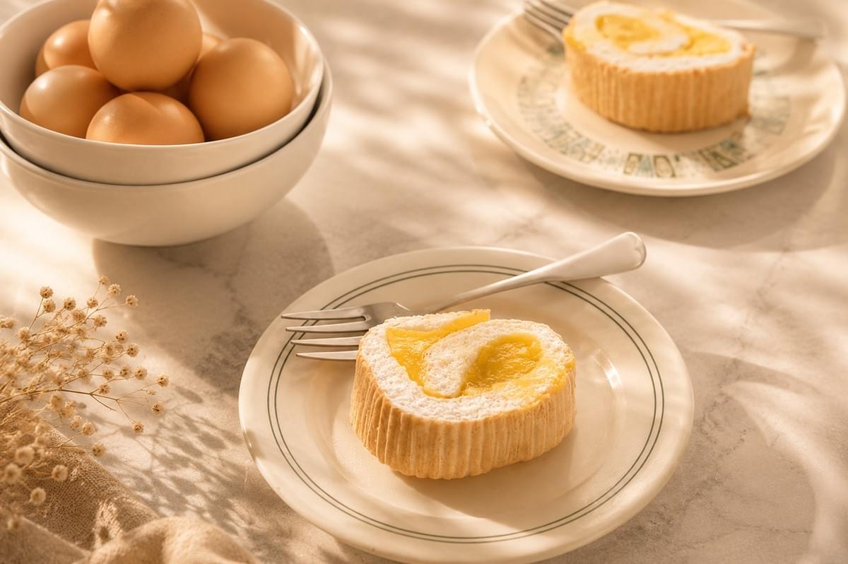 A slice of Brazo de Mercedes cake on a small vintage plate with a fork, next to a bowl of brown eggs on a sunlit marble table.