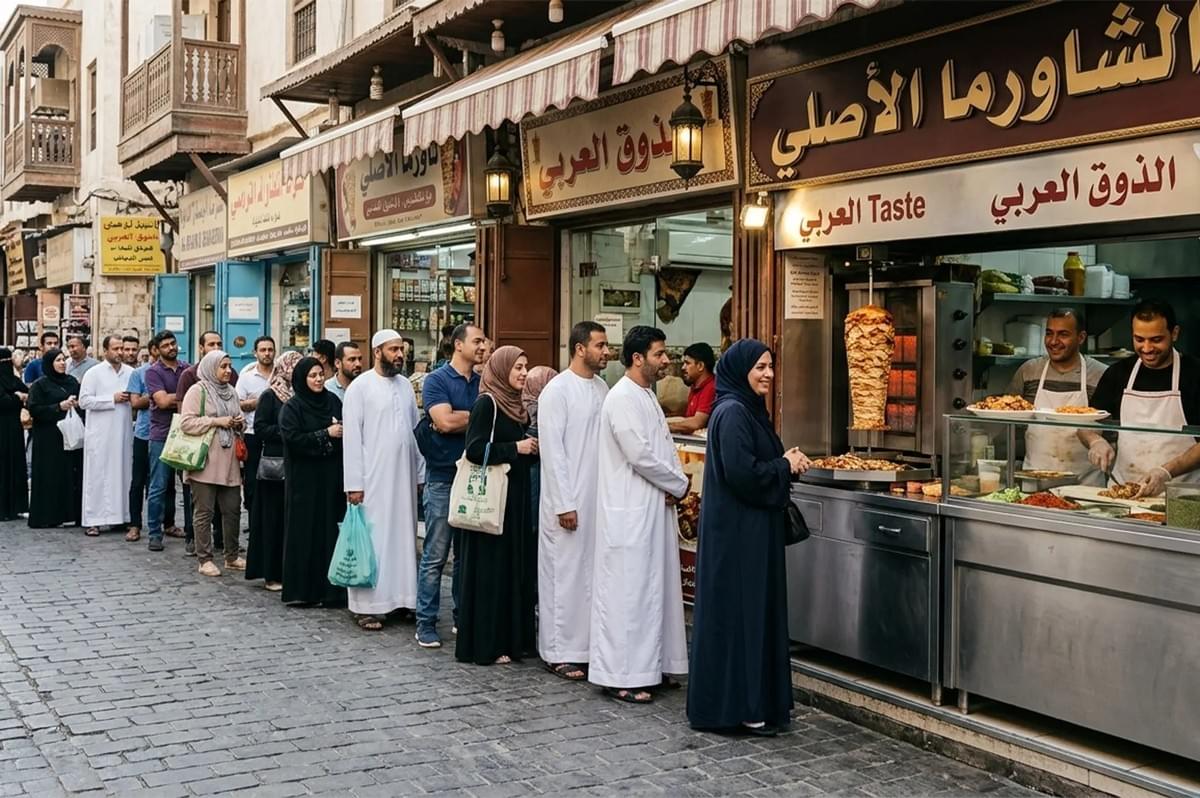 Queue of people waiting at a Middle Eastern street food stall serving shawarma and Arabic cuisine in a traditional market setting.