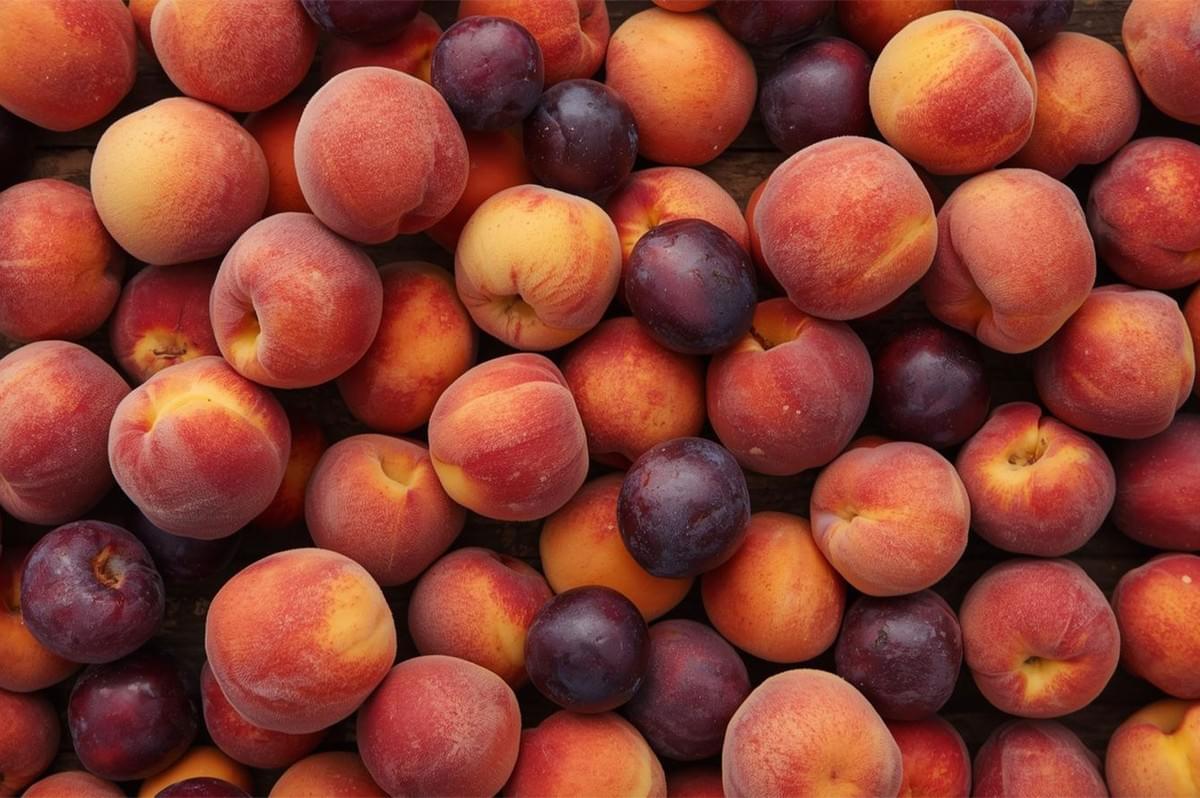 Overhead flat lay of a variety of fresh, ripe summer stone fruits, including fuzzy peaches, nectarines, and dark purple plums.