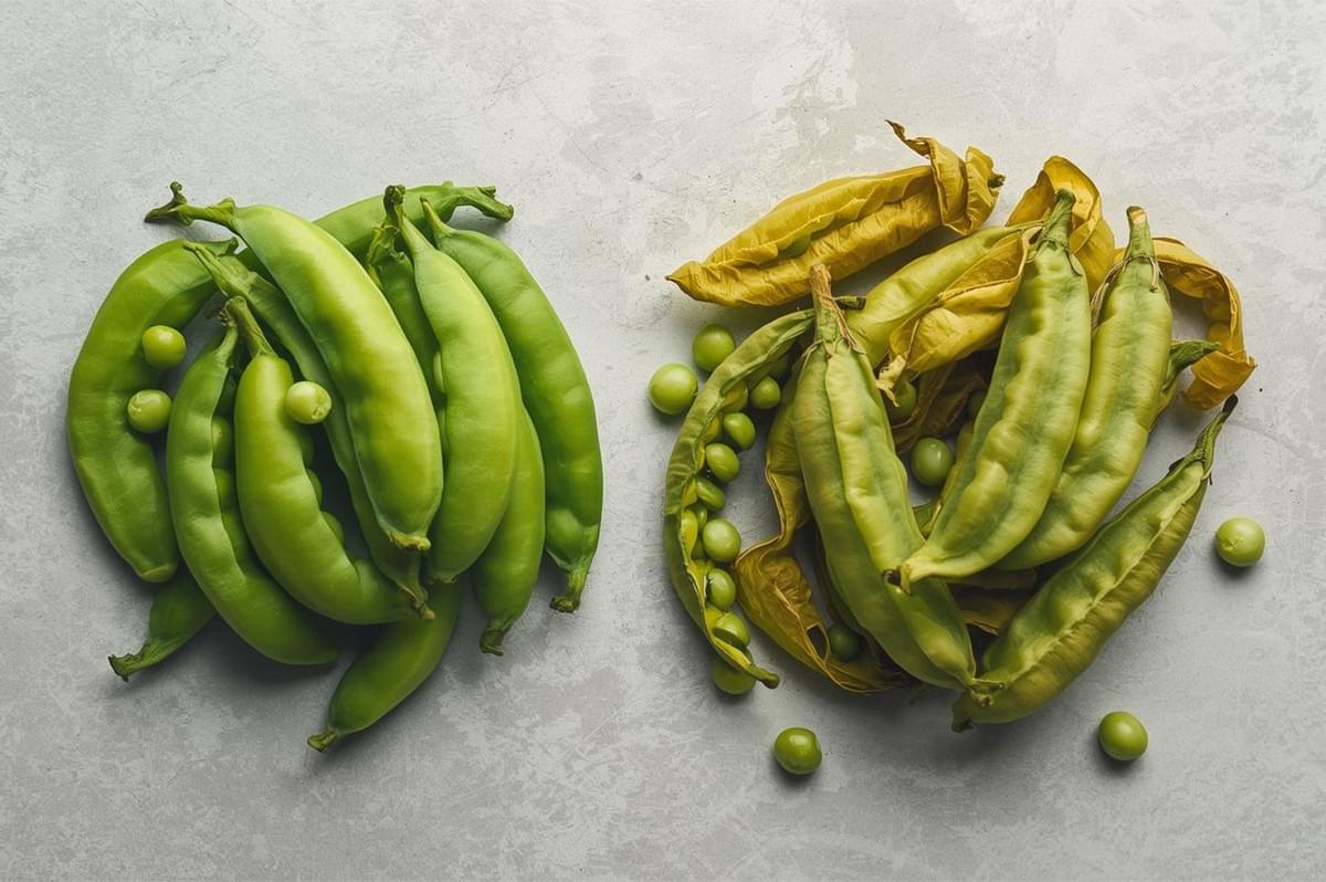 Flat lay comparing two piles of pea pods: one pile of fresh, bright green pods and another pile of wilted, yellowish pods.