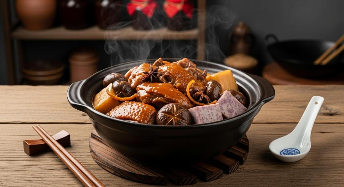 This image showcases a steaming ceramic pot filled with a rich braised dish featuring chunks of meat, whole shiitake mushrooms, and cubes of taro. The appetizing meal is garnished with star anise and sits on a rustic wooden table, accompanied by chopsticks and a traditional soup spoon.