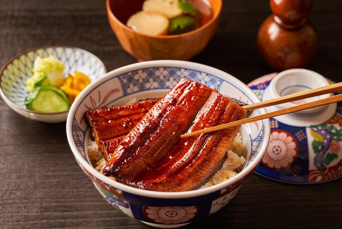 Chopsticks lifting a piece of grilled unagi eel over a bowl of steamed rice. 