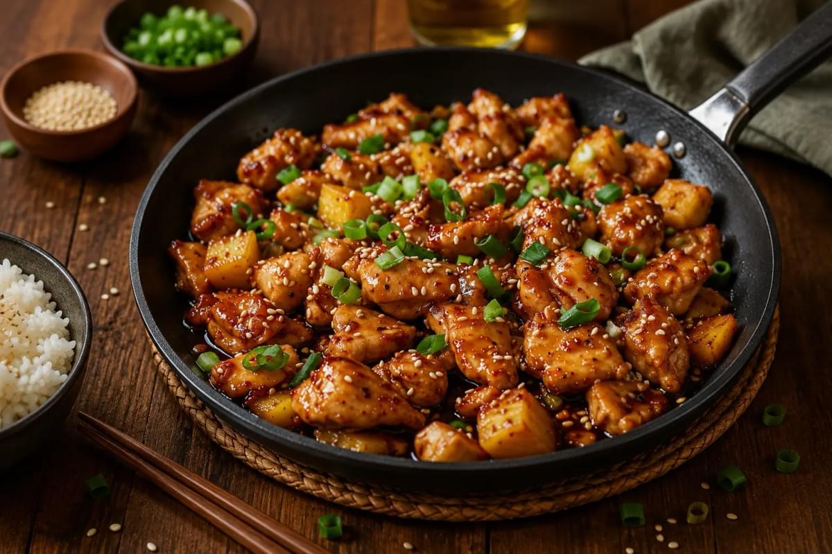 A close-up view of glazed, stir-fried chicken bites and potatoes in a black skillet, garnished with sesame seeds and chopped green onions, served on a rustic wooden table.