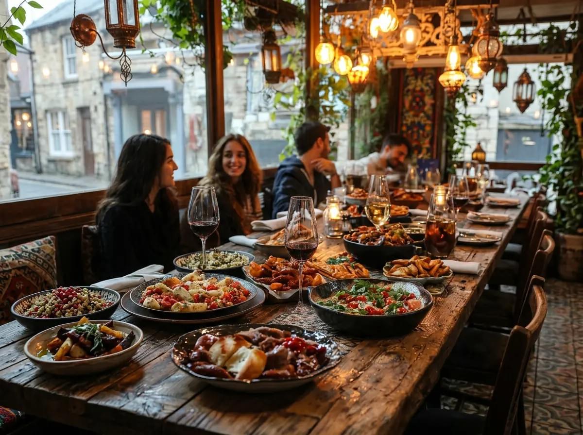 Friends sitting at a long wooden table full of food and wine in a warmly lit, cozy restaurant.