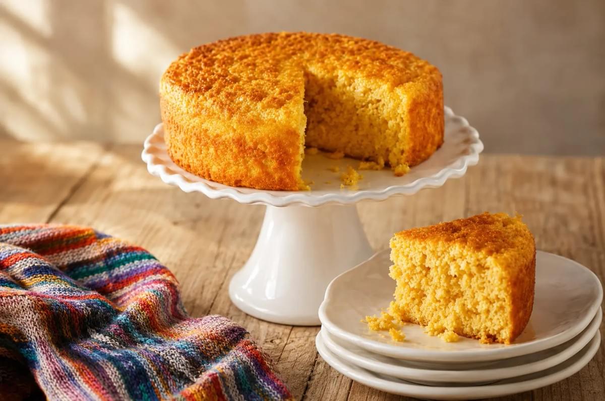 Whole round cornbread cake on a white stand with one slice served on a small plate beside it.