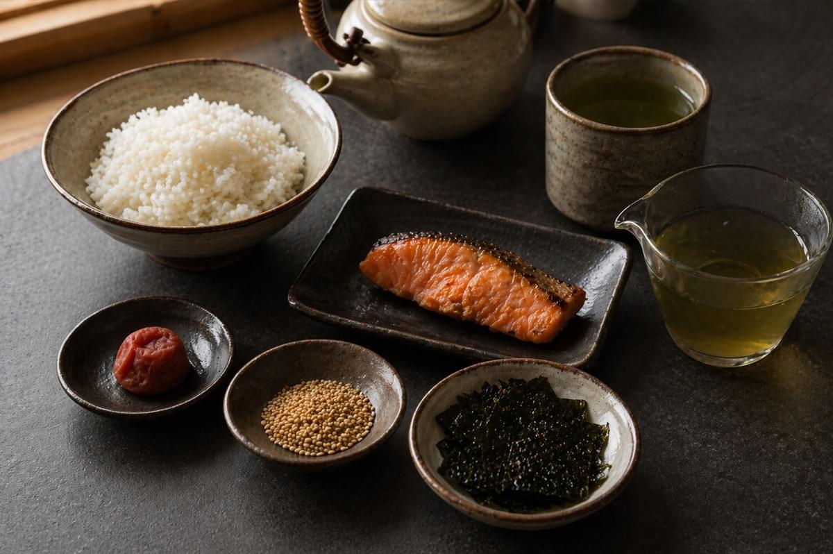 A wide, organized overhead shot displays the deconstructed ingredients of the meal arranged neatly on a dark, stone-like surface. A large ceramic bowl of fluffy, steamed white rice sits at the top left, while a perfectly seared piece of salmon fillet with charred skin rests on a rectangular dark plate in the center. Small individual saucers hold the key garnishes: a single Umeboshi, a pile of golden sesame seeds, and a stack of square nori sheets. To the right, a glass pitcher of pale green tea and a matching ceramic teacup complete the set, with a traditional teapot standing in the background, creating a minimalist and aesthetic culinary flat-lay.