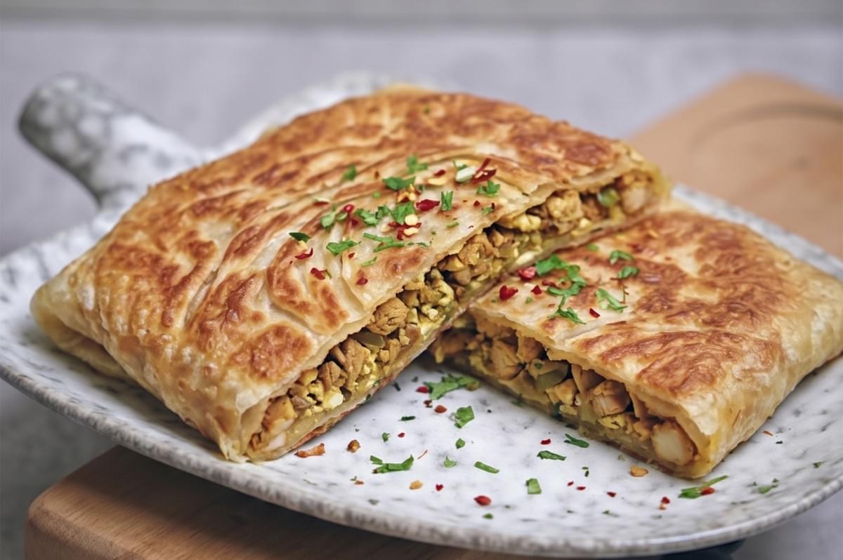 A sliced chicken Murtabak showing a savory stuffed interior, garnished with fresh herbs and chili flakes on a ceramic serving plate.