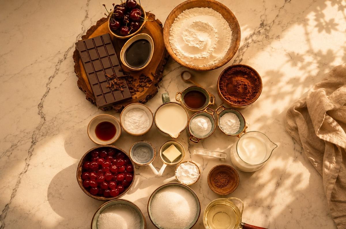 A flat lay view of baking ingredients on a marble surface, featuring bowls of flour, cocoa powder, sugar, fresh and candied cherries, a dark chocolate bar, milk, and various small bowls of leaveners and extracts.