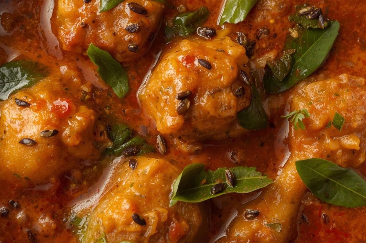 An extreme close-up of a richly spiced South Indian Chettinad curry, showcasing savory meatballs or protein in a red-orange sauce, garnished with curry leaves and black mustard seeds.