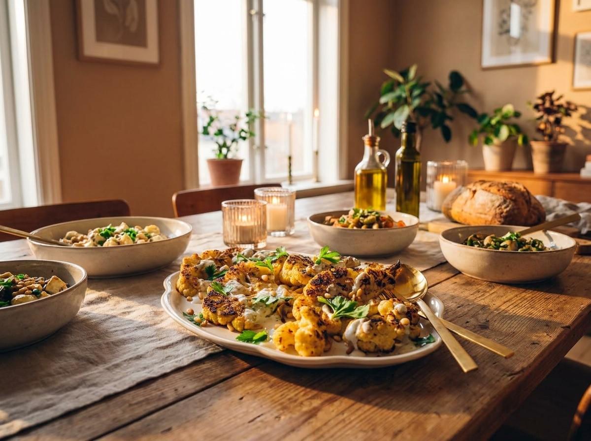 A rustic wooden dining table spread with various cauliflower dishes, including a large central platter of roasted cauliflower with sauce, illuminated by warm sunlight and lit candles.