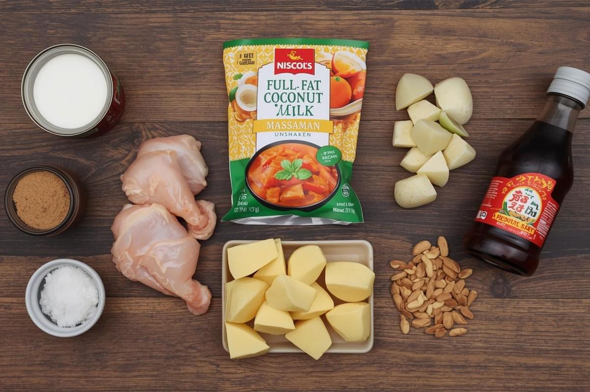 Overhead shot of the ingredients for Massaman curry: chicken drumsticks, full-fat coconut milk, Massaman curry paste, fish sauce, potatoes, peanuts, curry powder, and salt on a wooden background.