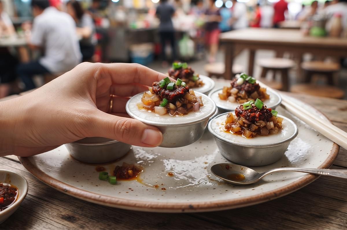 Hand holding a small metal cup of chwee kueh topped with savory chye poh preserved radish in a Singapore hawker centre.