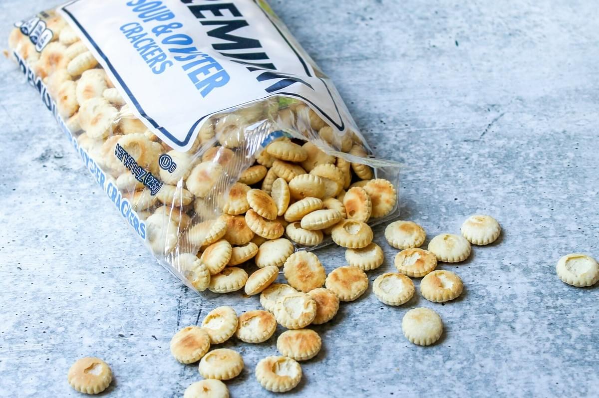 A bag of crackers displayed on a table, ideal for serving with soups and crusty bread.