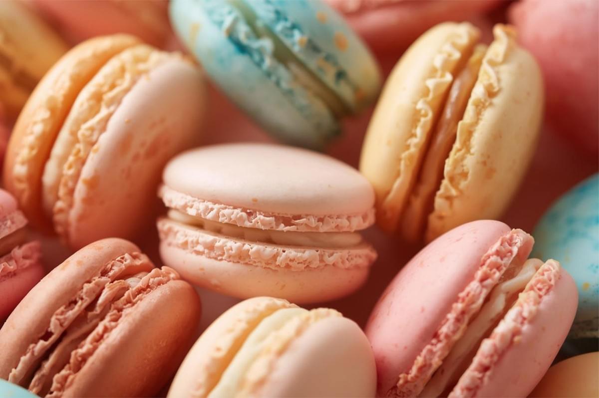A vibrant, close-up macro view of a pile of freshly baked, pastel-colored French macarons in shades of pink, pale yellow, and light blue, showing the ruffled "feet" detail.