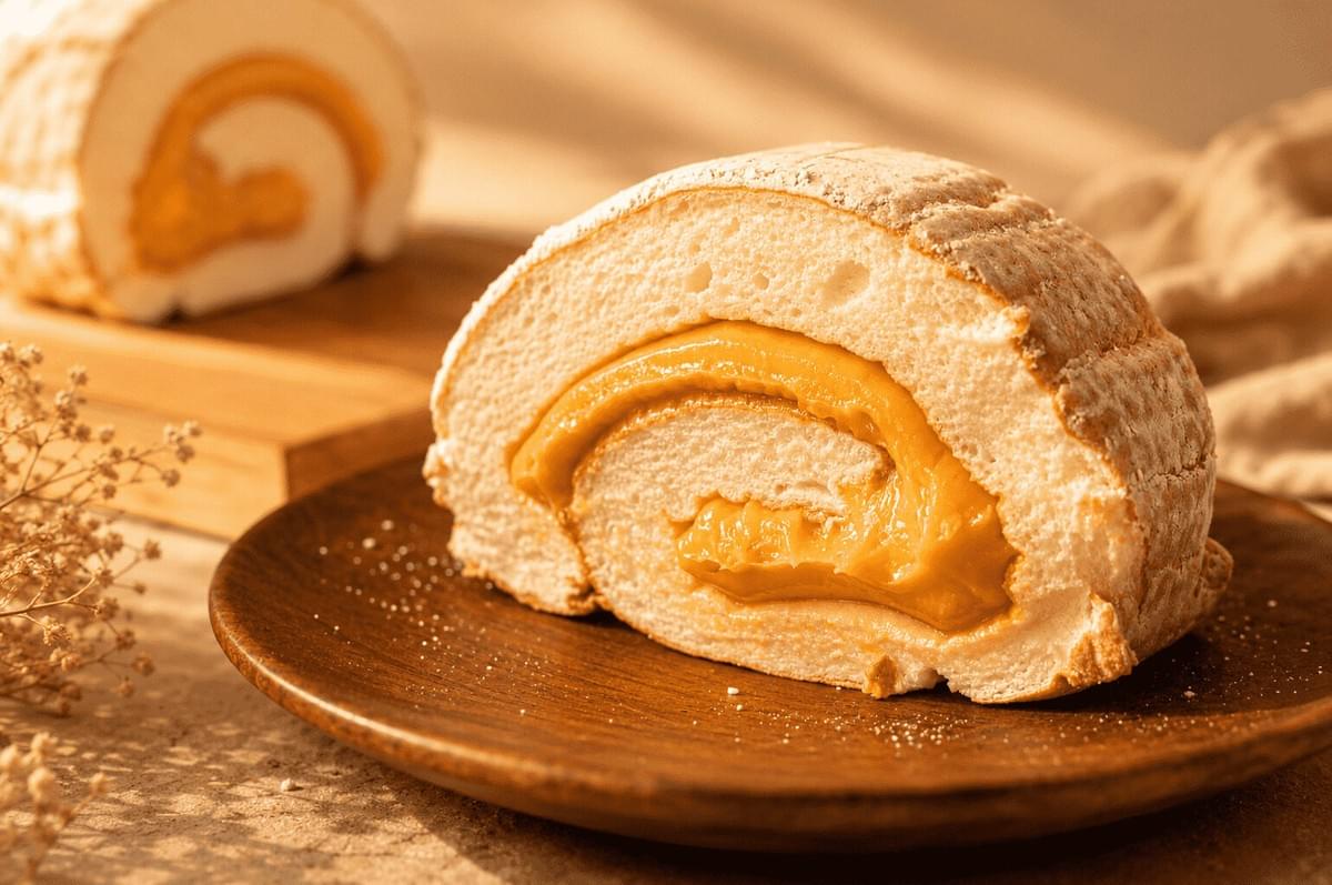 A slice of Brazo de Mercedes cake on a wooden plate, showing the fluffy white meringue roll filled with a rich, yellow custard center.